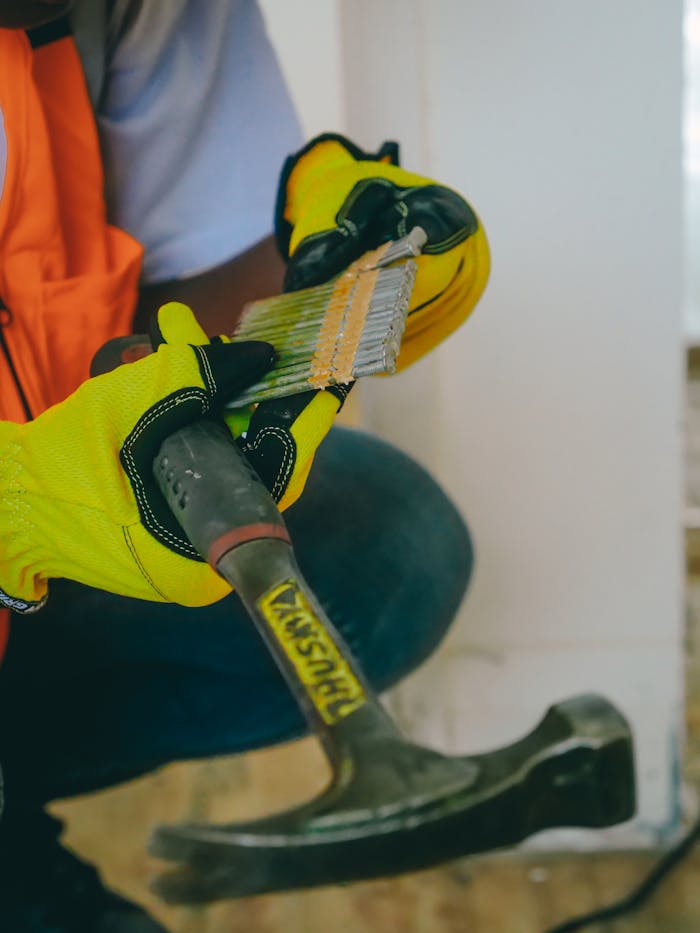 Close-up of worker in gloves hammering nails, displaying safety gear and tools.